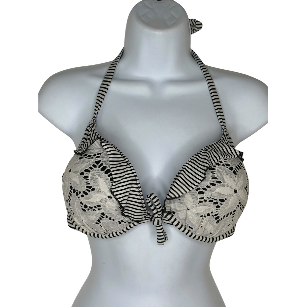Victoria's Secret Bikini Top 34C White Black Lace Striped Ruffle Halter 312316